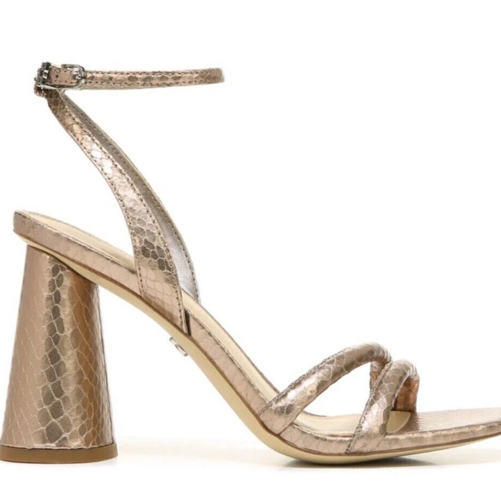 SAM Edelman BNWT "Kia" Pewter Metallic Block Heel New Ankle Strap Embossed